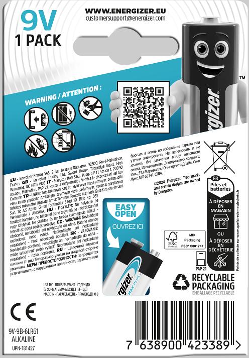 Actual product image Energizer Max Plus Alkaline (1 pcs., 9V Block, 600 mAh)