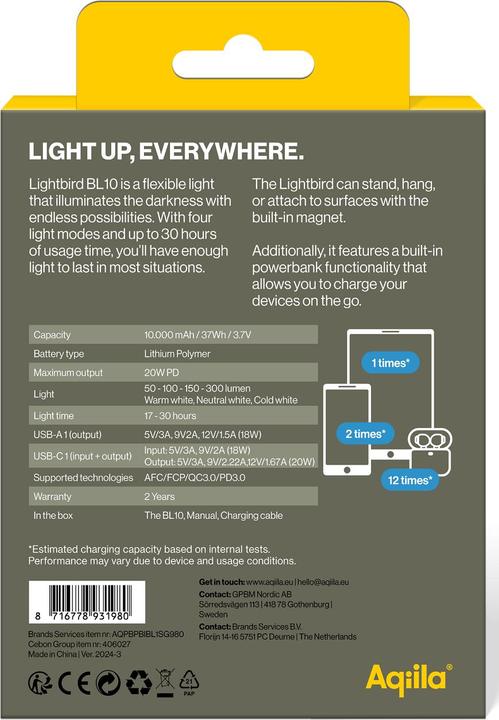 Immagine prodotto Aqiila Lightbird BL10 - Lampada da campeggio con powerbank