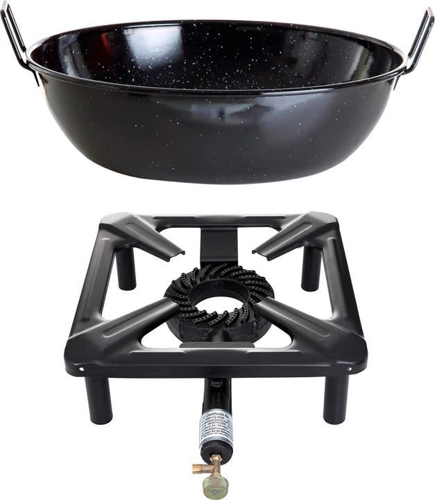 Paella World International Hockerkocher-Set (klein) mit Emaille-Schüssel/Topf Ø 30 cm - ohne Zündsicherung