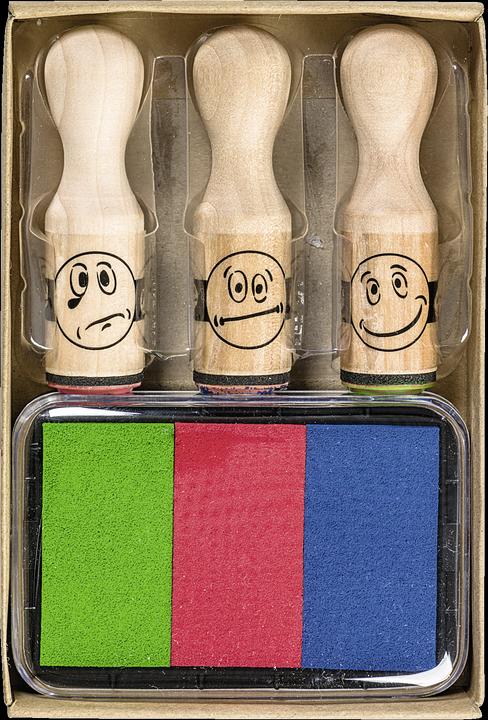 1048692 Set di timbri (smile premiato, 3 timbri motivo in legno, incluso tampone d'inchiostro con 3