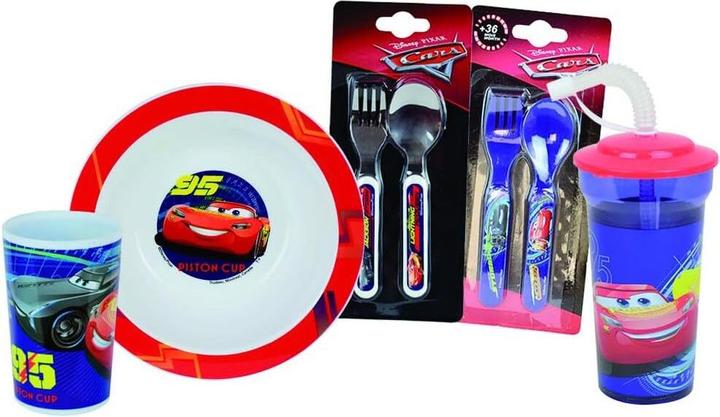 Produktbild geschirrset glas suppenteller, glas strohhalm, 2 sätze kinderbesteck jemini disney cars