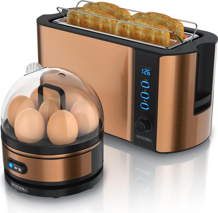 Produktbild Arendo Frühstücks Set, 4-Scheiben Langschlitz Toaster mit Brötchenaufsatz & Eierkocher für 7 Eier, Kupfer