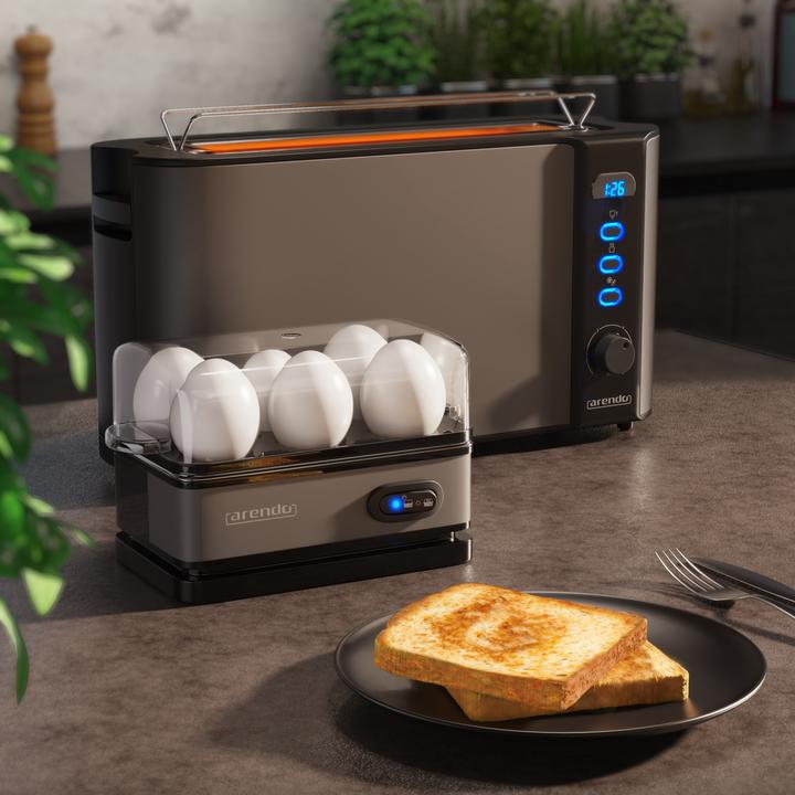 Actual product image Arendo Breakfast set, 2-slice long slot toaster with bread roll top & egg boiler for 6 eggs, grey (EU plug)