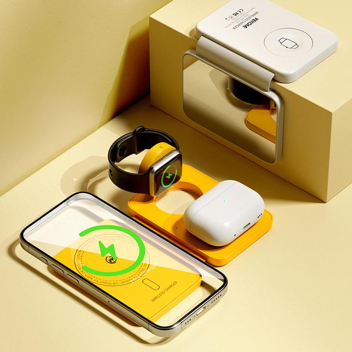 Immagine prodotto Wekome Caricatore wireless 3in1 con MagSafe per iPhone, Apple Watch e AirPods + specchio (giallo) (1 cm)
