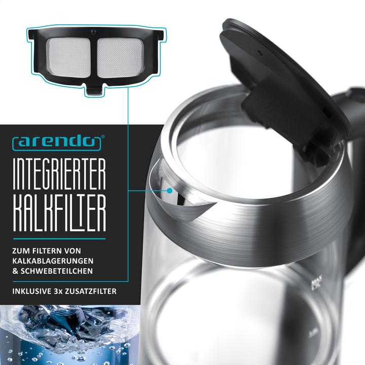 Produktbild Arendo Wasserkocher 1,7 l, 2200 W, Edelstahl & Glas, automatische Abschaltung, Kalkfilter, LED (1.70 l)