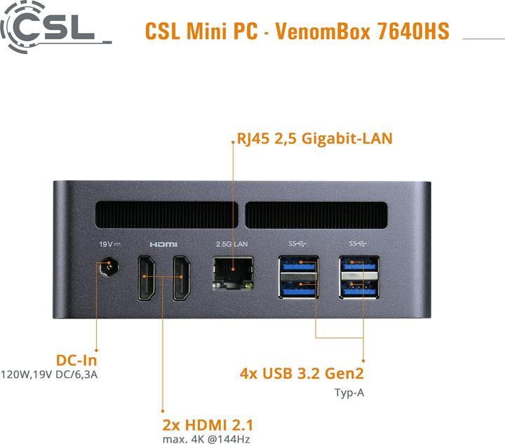 Image du produit CSL Mini-PC VenomBox 7640HS / 32Go / 500 Go M.2 SSD / Windows 11 Pro (AMD Ryzen 5 7640HS, 32.77 Go, 500 Go)