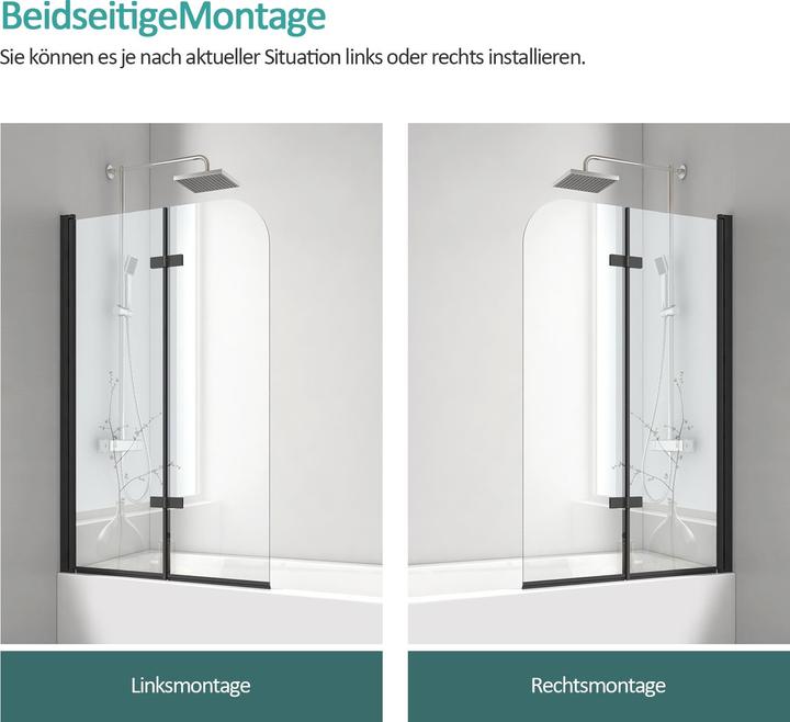 Produktbild Emke Duschwand für Badewanne 110x140cm Glas-Duschwand, 2-teilig Faltbar, Leicht zu Reinigen, Schwarz (110 cm, 110 cm, 140 cm)
