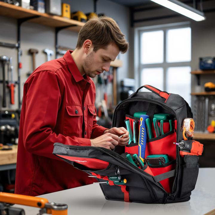 Produktbild Wiltec Werkzeugrucksack 33x20x43cm Werkzeugtasche 16 Fächer Werkzeug Rucksack