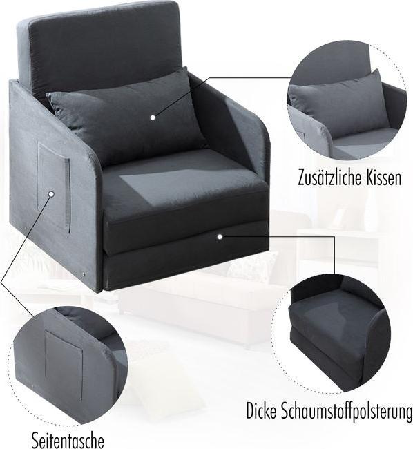 Produktbild Swisshandel24 Schlafsofa Sofabett Einzelsofa Waschbarer Bezug 2 Seitentaschen Kissen Metall Grau 70 x 76 x 77 cm