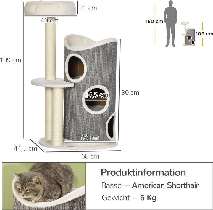 Produktbild PawHut Kratzbaum mit Kratztonne (109 cm, Weiss+Grau)