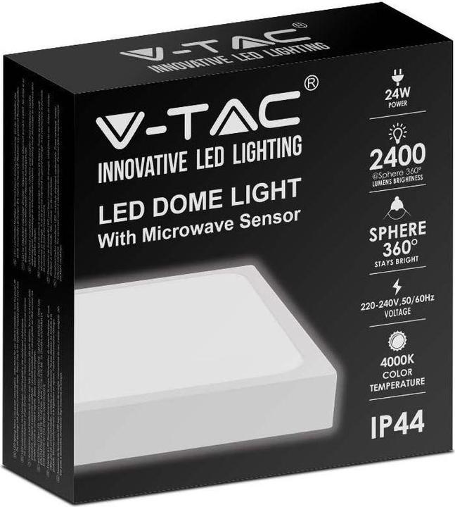 Produktbild V-TAC Plafon 24W LED Kwadrat IP44 Czujnik Ruchu Mikrofalowy 30x30cm Biały VT-8624SW-SQ 4000K 2400lm (4 m)