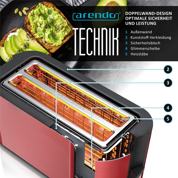 Immagine prodotto Arendo 4 Scheiben Toaster Langschlitz Edelstahl, Doppelwand, Brötchenaufsatz, Display mit Restzeitanzeige