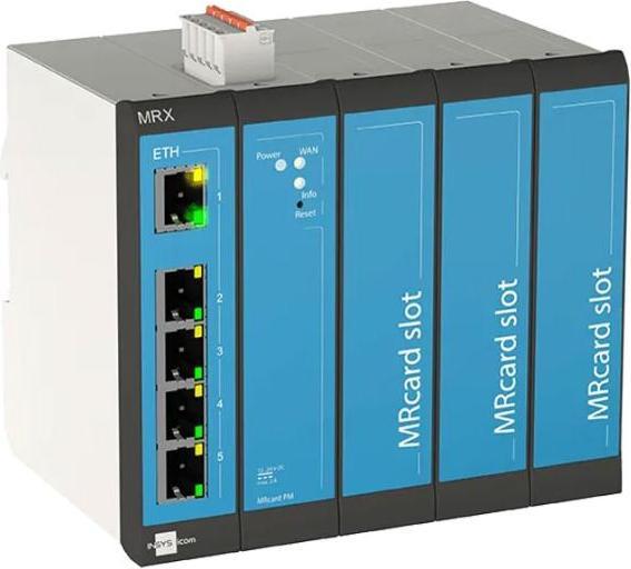 Actual product image Insys icom MRX5 LAN, modular LAN LAN router, VPN 5xEthernet 10/100BT 2xdig.One MRcard slots:3xfree