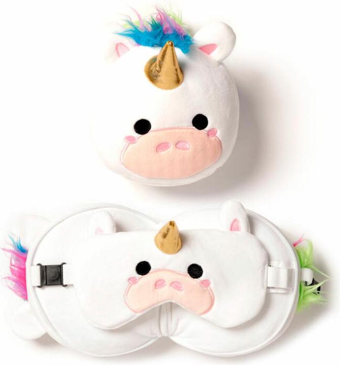 Puckator Relaxeazzz Cuscino da viaggio rotondo Unicorno di peluche e maschera per gli occhi