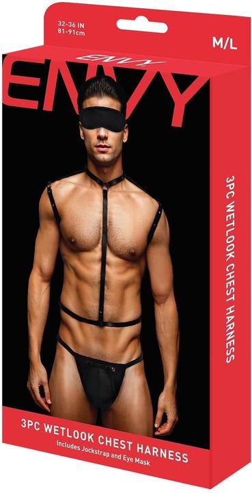 Produktbild Envy Menswear 3-Piece Wetlook Chest Harness Set - Black Faux Leather with Eye Mask & Jockstrap Thong (M)