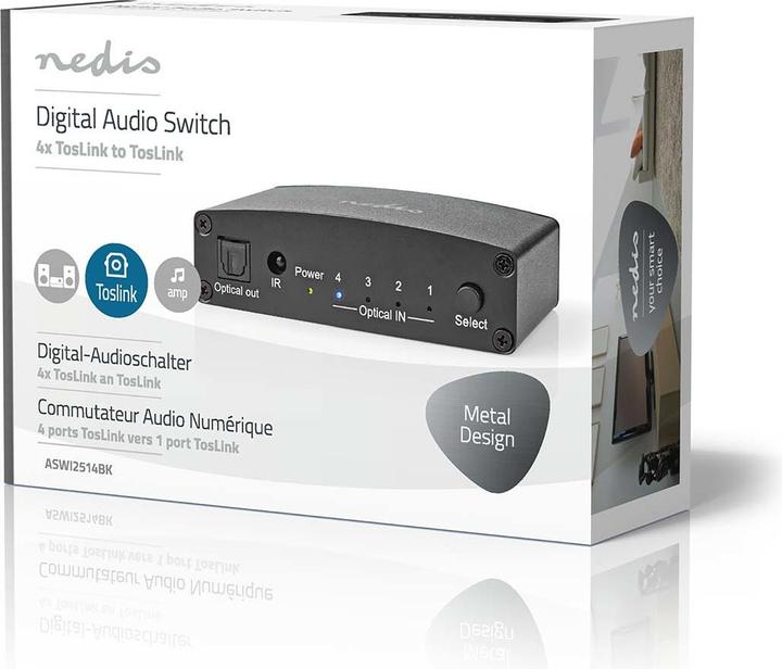 Actual product image Nedis Digital Audio Switch | 4-Way | Connectors - Input: DC Power / 4x TosLink | Connectors - Off (0.05 m)