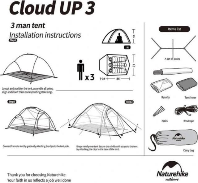 Actual product image Naturehike Namiot Cloud Up 3 20D Updated NH18T030-T-Forest Green (Dome tent, 2.10 kg, 3 persons)