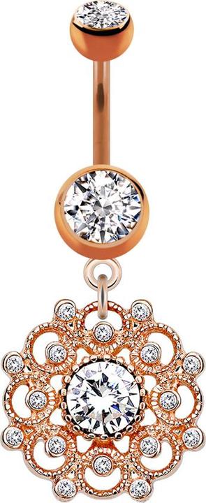 Produktbild Star Piercing Banane rosegold mit Anhänger Filigrane Vintage Blume Kristall silber (Chirurgenstahl 316L, Messing)