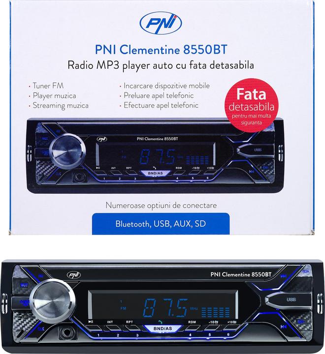 Produktbild PNI Autoradio MP3-Player Clementine 8550BT, abnehmbares Gesicht, 4x45 W, 12 V, 1 DIN, mit SD, USB, A