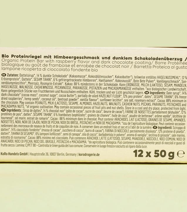 Immagine prodotto KoRo Barretta proteica biologica vegana al gusto di lampone e ricoperta di cioccolato fondente (1 pz., 600 g)