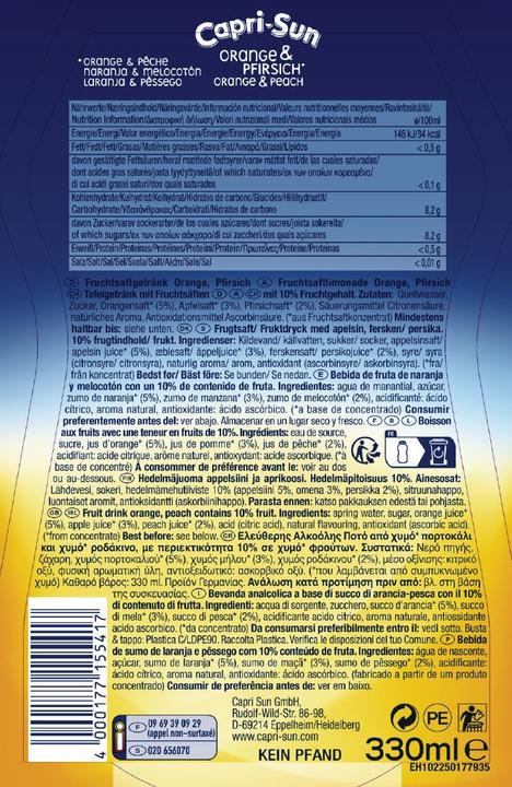 Nutritional values and ingredients Capri-Sun Orange & Peach (1 x 33 cl)