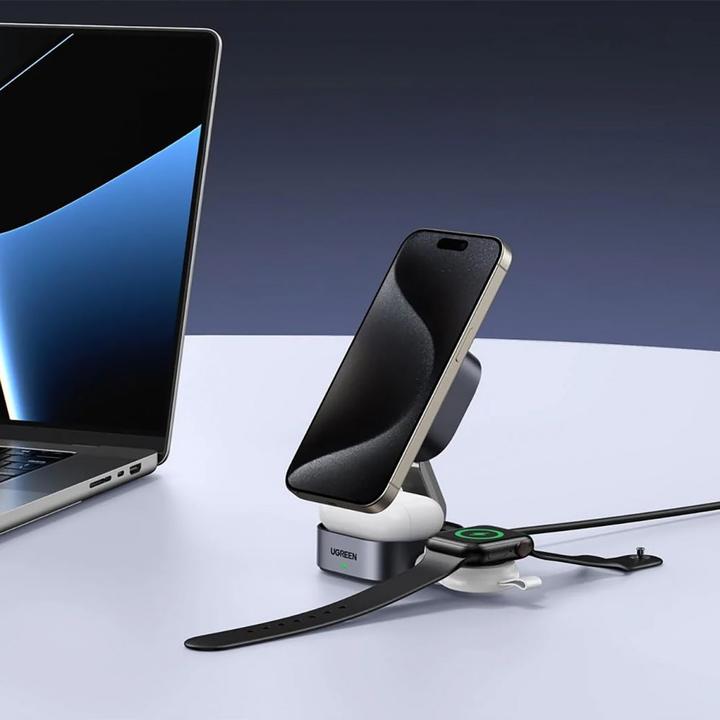 Immagine prodotto Ugreen W702 Caricatore induttivo 3in1 con MagSafe / Qi2 e porta USB-C per telefono / cuffie - nero (15 W)