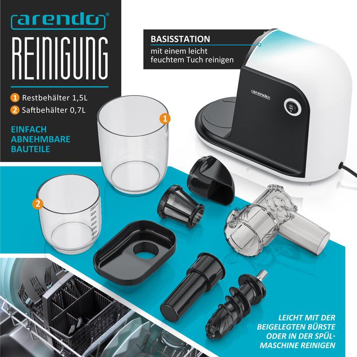 Produktbild Arendo Slow Juicer 150 W, Gemüse & Obst Entsafter elektrisch, Edelstahl, 700ml Saftkanne 1,5l Restebehälter