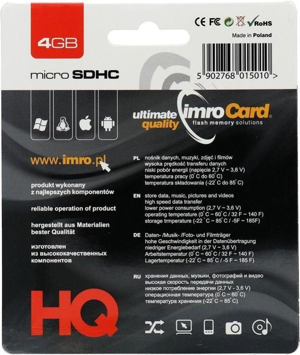 Productafbeelding IMRO Karta microSD 4GB adp 10C (4 GB, microSDHC, U1, UHS-I)