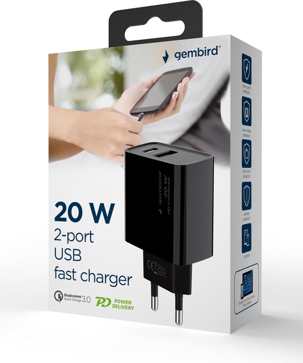 Produktbild Gembird Power Delivery Charger USB-A USB-C Black (20 W)