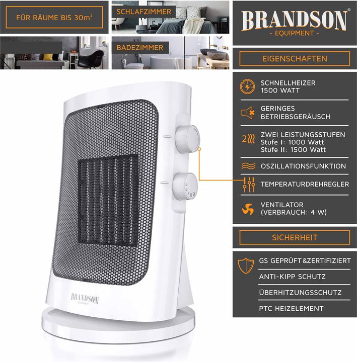 Produktbild Brandson Keramikheizlüfter 1500 W, Keramik Heizlüfter mit Tragegriff & Oszillation, Badezimmer Heizung (1500 W)
