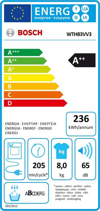 Label énergétique Bosch Hausgeräte WTH83VV3 (8 kg, Droite, Prise UE)