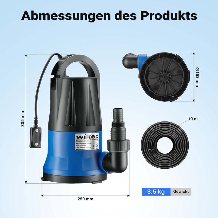 Produktbild Wiltec Tauchpumpe 400W 6000l/h Schmutzwasserpumpe Flachsaugpumpe für Keller (Schmutzwasserpumpe)