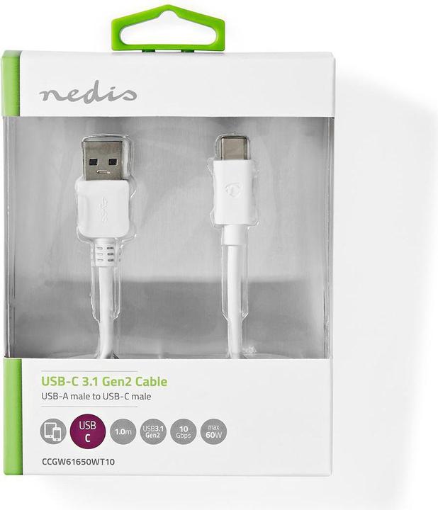 Actual product image Nedis USB cable | USB 3.2 Gen 2 | USB-A plug | USB-C™ plug | 10 Gbps | Nickel-plated | 1.00 m | r (1 m, USB 3.2 Gen 2)