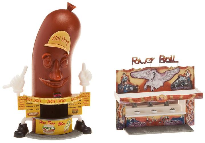 Image du produit Faller stands forains originaux »Hot-Dog-Man« et un stand de jeux de lancer »Power-Ball«.