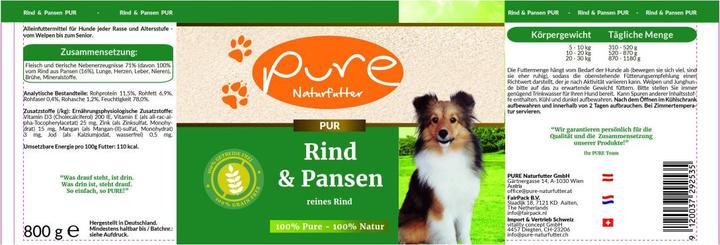Image du produit Pure Naturfutter Menu pour chien Boeuf avec panse (Adulte, 1 pcs, 800 g)