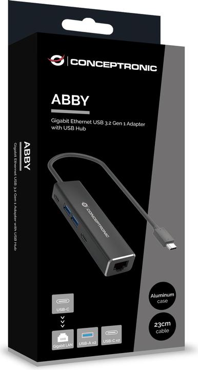 Produktbild Conceptronic Adapter USB-C -> RJ45 Gigabit,3xUSB3.0 0.15m sw (USB-C, 1 Ports)