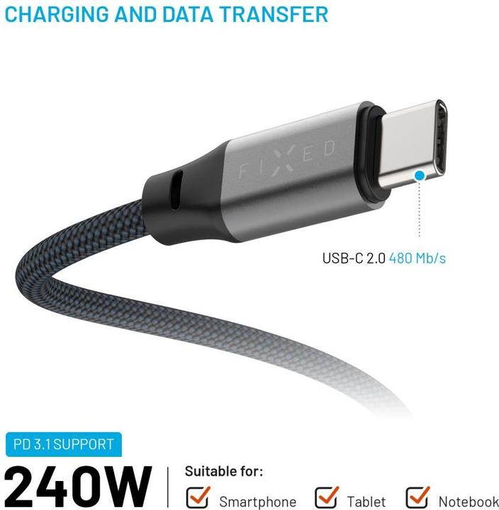 Actual product image Fixed Magnetic Braided Cable USB-C/USB-C, 1,2m, USB 2.0, 240W, gray (1.20 m, USB 2.0)