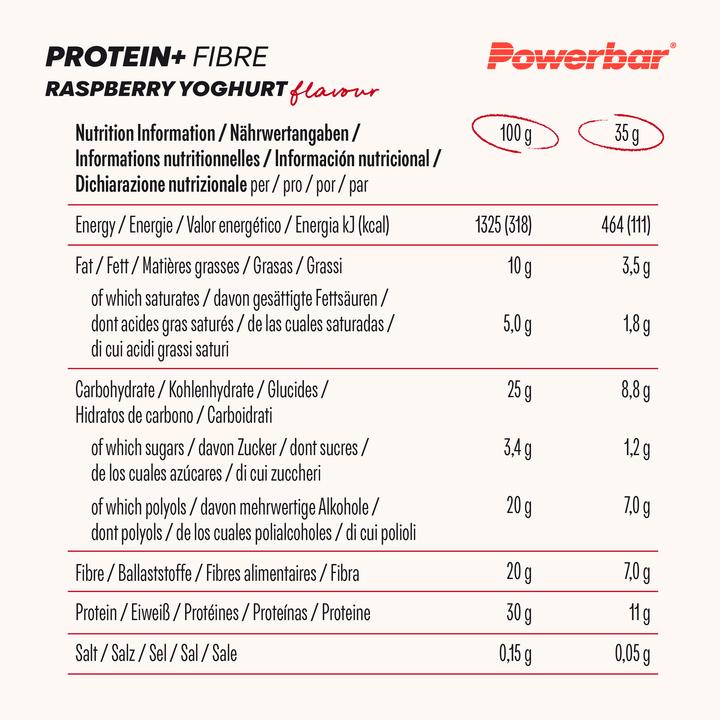 Nährwerte und Zutaten Powerbar Protein Plus Low Sugar Multiflavour Box (Schokolade, Vanille, Himbeere, Joghurt, Brownie, Espresso, 16 Stk., 560 g)