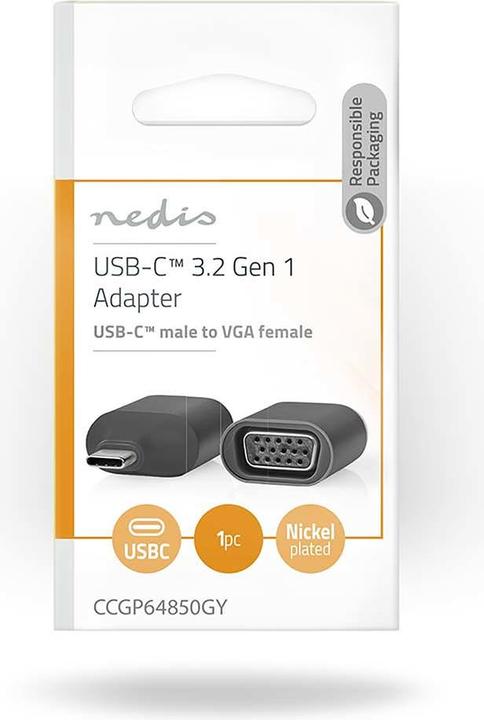 Actual product image Nedis USB Adapter USB 3.2 Gen 1 USB-CT Male VGA Female Nickel Plated Black/Grey Envelope (USB-C)