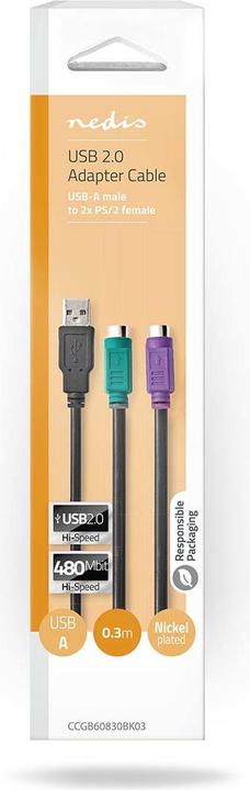 Productafbeelding Nedis 2 in 1 kabel | USB 2.0 | USB-A mannelijk | 2x PS/2 vrouwelijk | 480 Mbps | 0,30 m | vernikkeld | (0.30 m, PS/2)