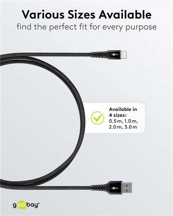 Actual product image Goobay USB-C Supersoft textile cable with metal plugs, 2 m, black (2 m, USB 2.0)