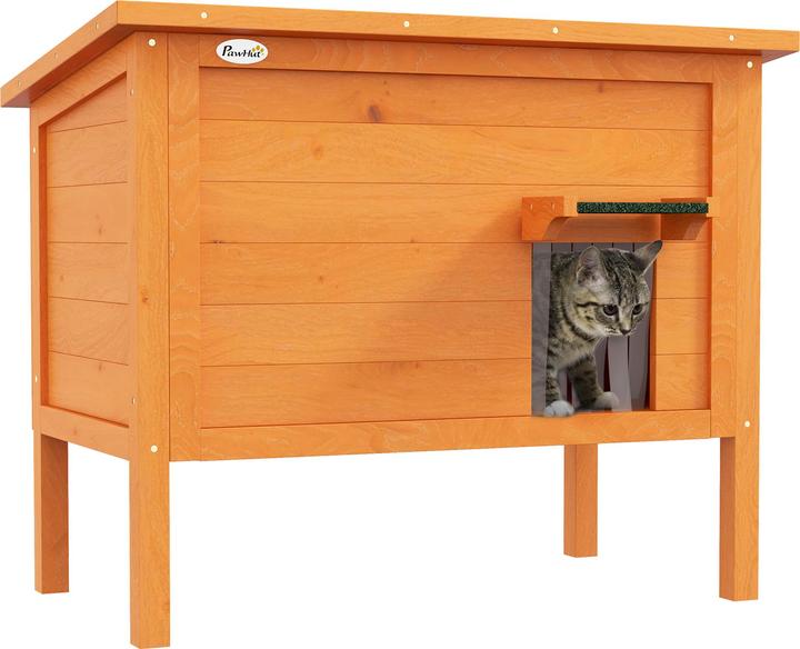 Produktbild PawHut Katzenhütte mit Dach und Katzenklappe (Manuelle Katzenklappe)