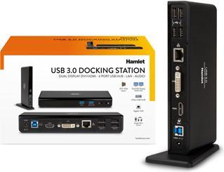 Produktbild Hamlet USB 3.0 Dual Display DVI und HDMI Docking Station, Hub mit 6 USB-Anschlüssen, LAN UND AUDI (USB-A, USB-B, 6 Ports)