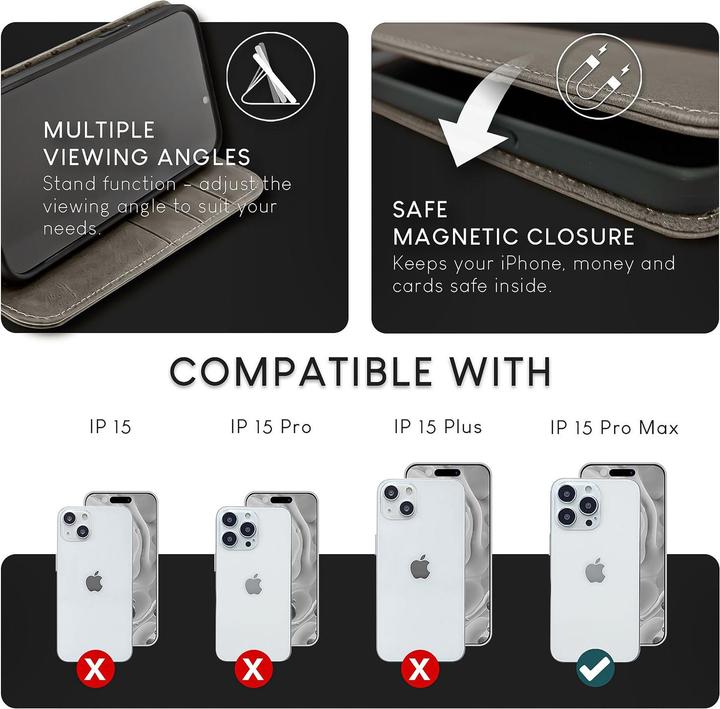 Produktbild Nalia Echt Leder Flip Case Hülle mit Magnetverschluss (Apple iPhone 15 Pro Max)