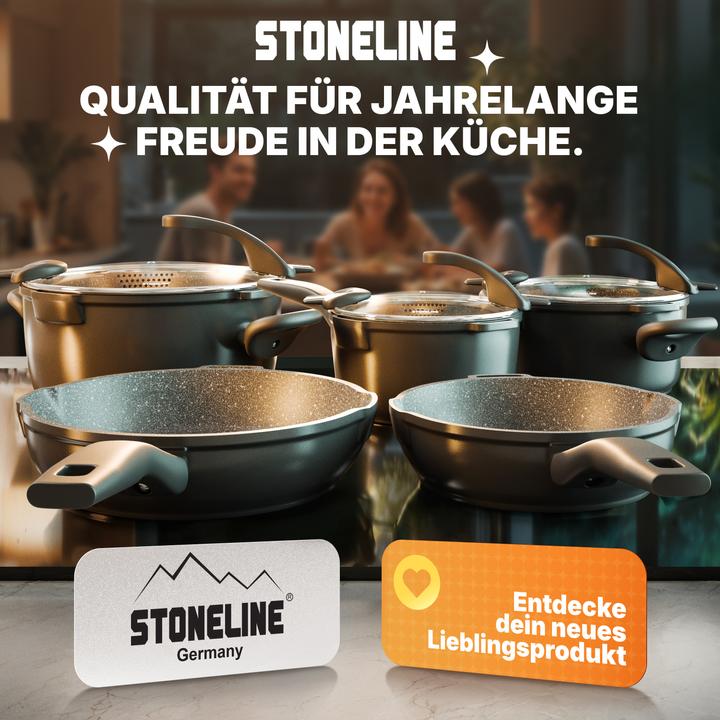 Produktbild Stoneline Future Topfset 8 teilig mit Sieb Deckeln, beschichtete Töpfe, Pfannen Induktion geeignet (24 cm, Kochtopf, Bratpfanne, Stielkasserolle, Bräter + Schmortopf, Aluminiumguss)