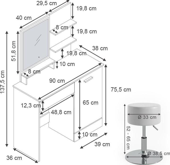 Produktbild Vicco Julia mit Hocker und Beleuchtung (90 x 38 x 138 cm)