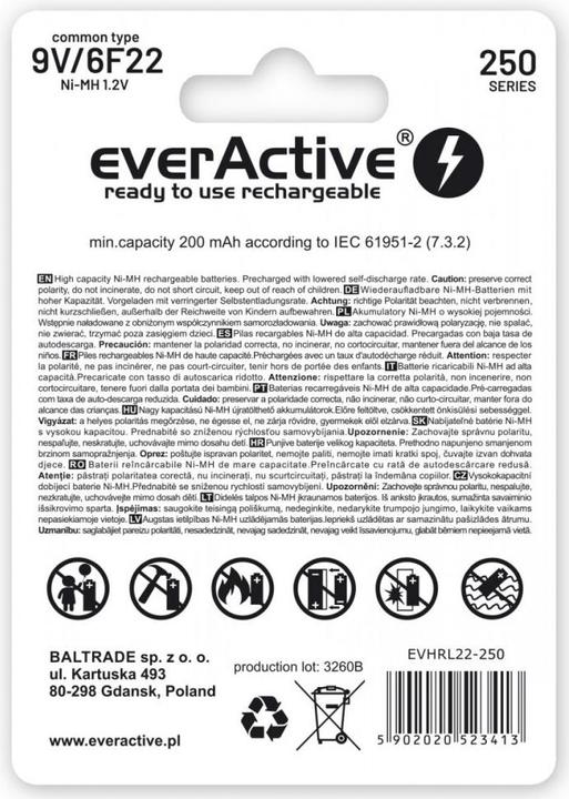 Immagine prodotto Everactive Rechargeable 6F22 9V 250 mAh (1 pz., 9V Block, 200 mAh)