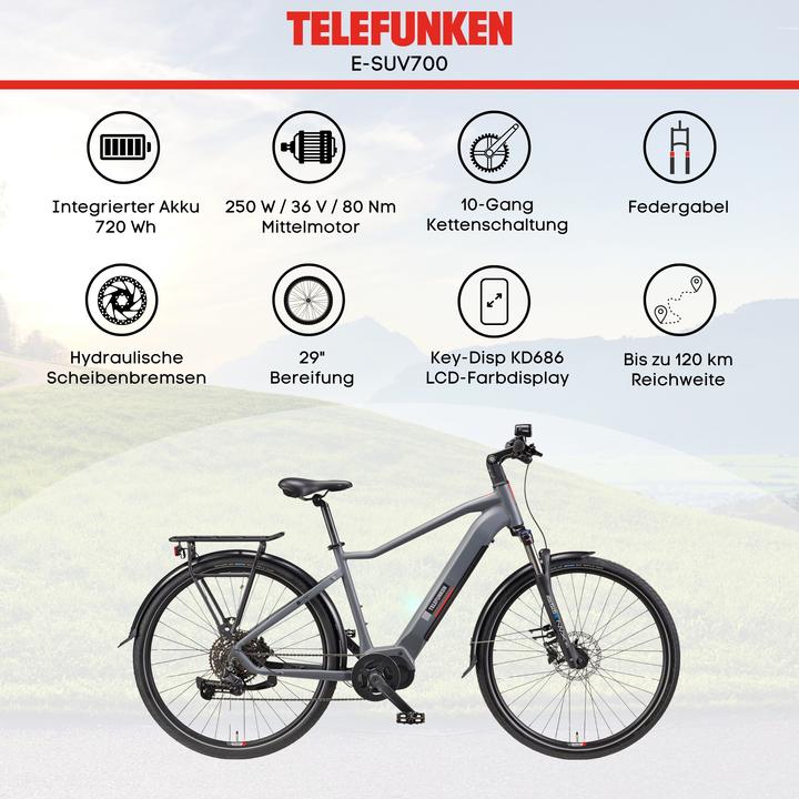 Produktbild Telefunken SUV E-Bike Herren SUV700 29 Zoll Mittelmotor 10-Gang Kettenschaltung (48 cm)