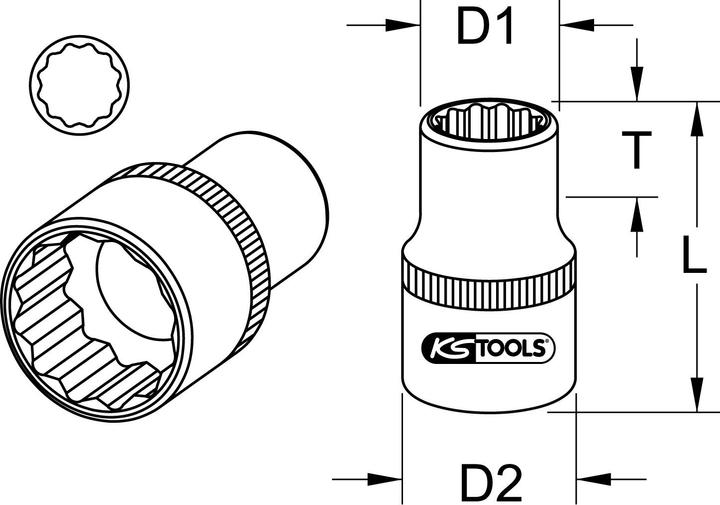 Actual product image KS Tools 3/4" 12 hex socket short (50 mm)
