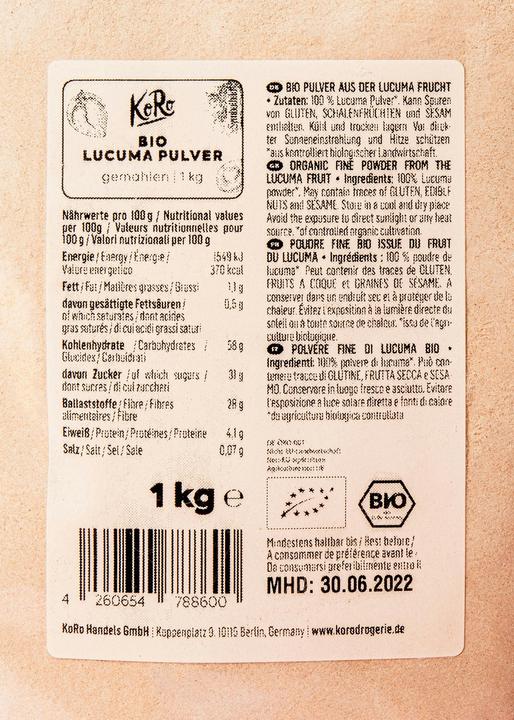 Nährwerte und Zutaten KoRo Bio Pulver aus der Lucuma Frucht (1000 g)